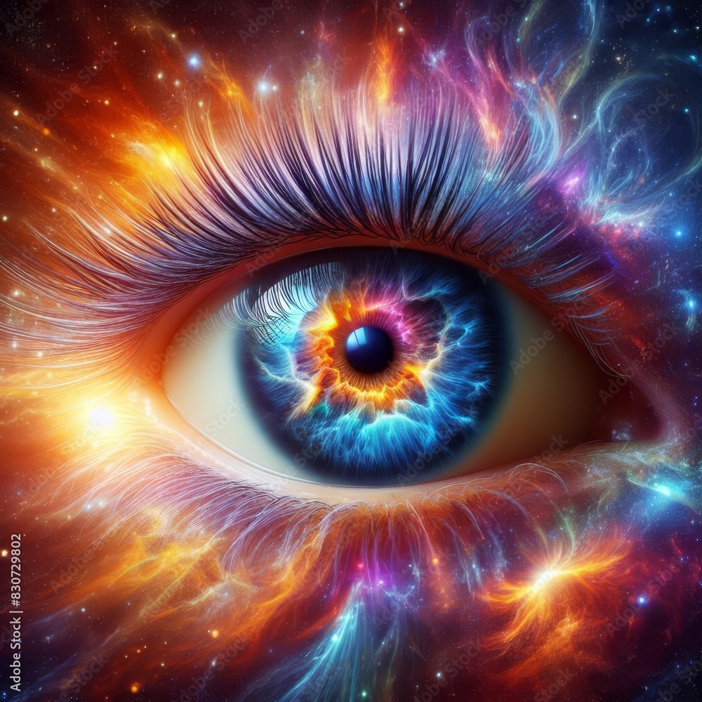 A vividly colorful human eye surrounded by swirling nebulae and cosmic elements, evoking a sense of deep space exploration.. AI Generation