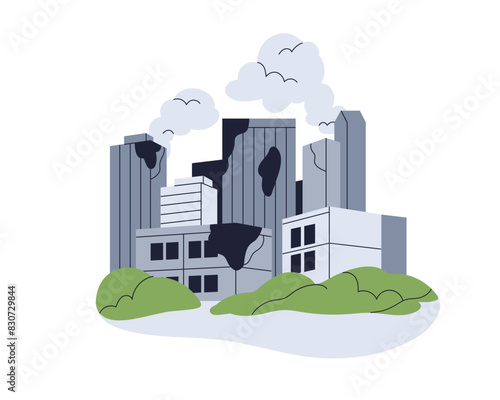 Ruined city, destroyed buildings, war. Broken houses, residential district after bomb attack. Apocalyptic urban scenery. Damaged constructions. Flat vector illustration isolated on white background