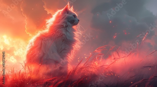 Mystical Cat in a Fiery Dreamlike Field with Ethereal Lighting and Surreal Colors Creating a Whimsical and Enchanting Atmosphere


