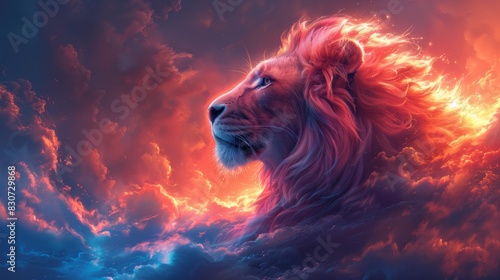Majestic Lion Portrait in a Surrealistic Fiery Sky with Ethereal Lighting and Dreamlike Colors Depicting Strength and Majesty in a Fantasy Setting

