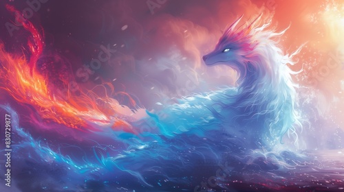 Majestic Fire and Ice Dragon in a Surreal Landscape with Vivid Colors and Ethereal Lighting in a Fantasy Setting

