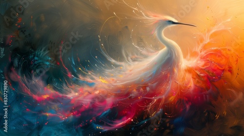 Mystical Crane in a Fiery Dreamlike Setting with Ethereal Colors and Surreal Lighting Creating a Whimsical and Enchanting Atmosphere

