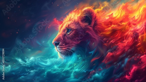 Majestic Lion in a Surreal Fiery and Celestial Setting with Vivid Colors and Ethereal Lighting Effects in a Fantasy Landscape

