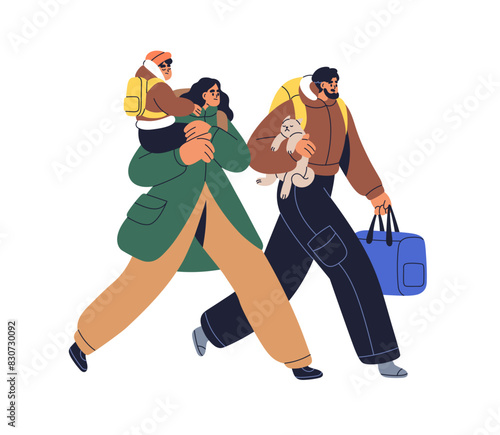 Refugee family with kid and cat departing, leaving. Sad people during departure, evacuation, forced relocation. Emigrant with child escaping. Flat vector illustration isolated on white background