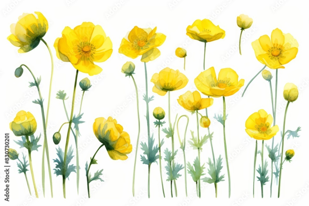 Fototapeta premium Set of water color of a buttercup, with bright yellow petals, in a sunny field, under a clear blue sky, Clipart isolated on white