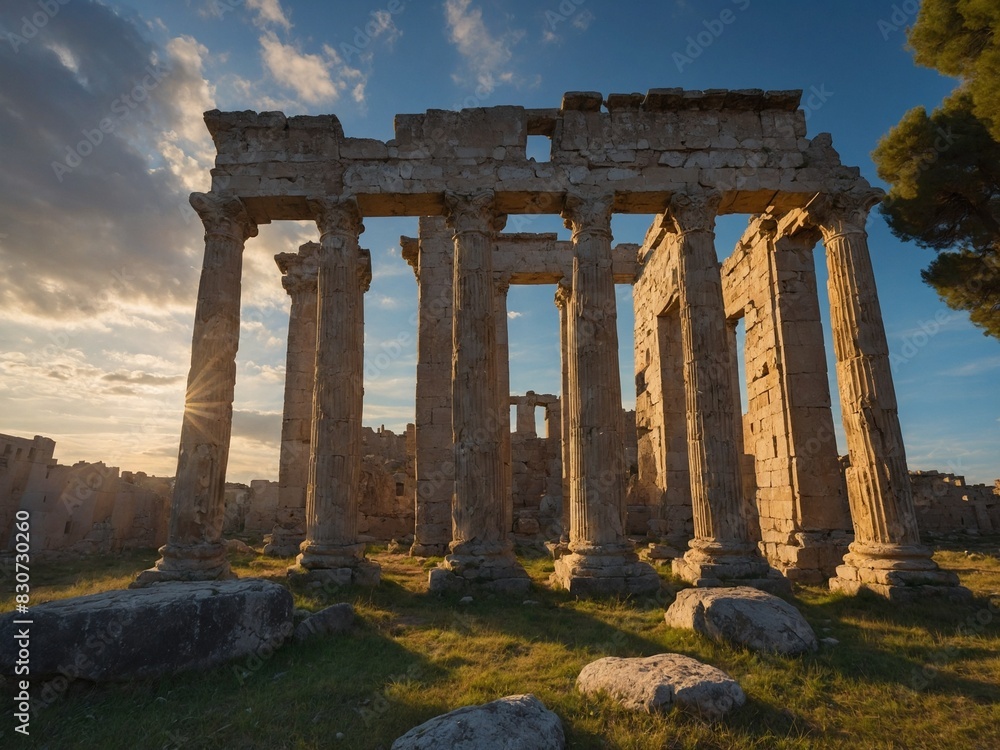 Fototapeta premium Ruins of ancient temple during what sunrise, sunset. Sun casts warm glow on stone columns. Sky partly cloudy, allowing sunlight to permeate, create dramatic backdrop. Foreground shows scattered rocks.