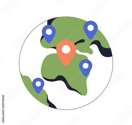 Globe with pin points. Location pointers on Earth planet. Global orb marked w...
