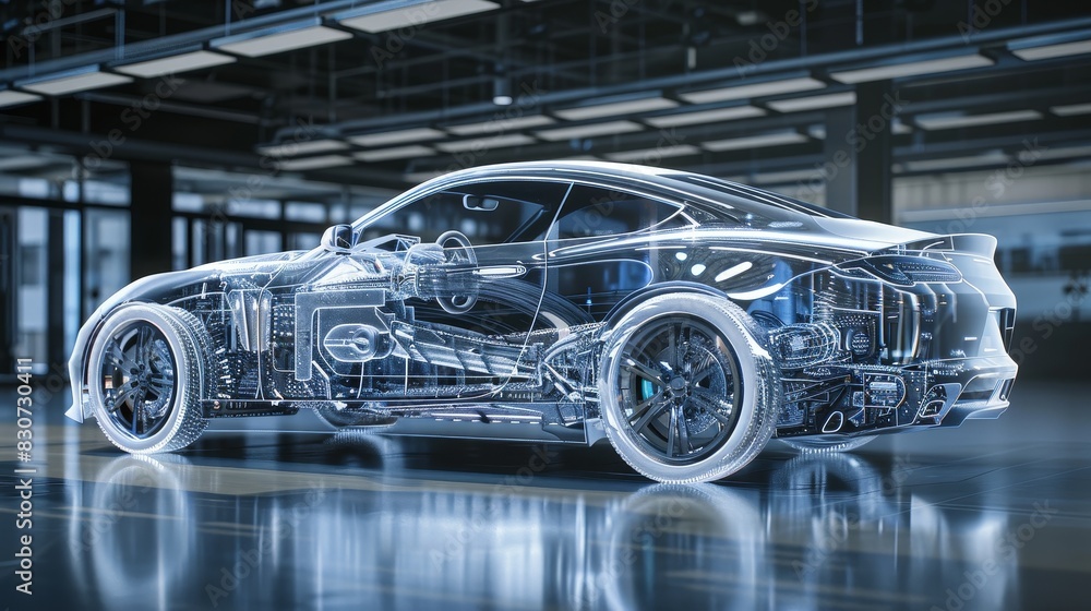 Obraz premium Side view illustration of a transparent car body design, highlighting the intricate internal structure and technology, 3D render