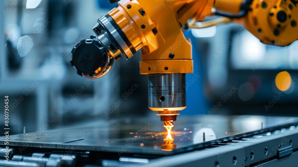 High-tech CNC laser cutting machine, creating industrial components with exact precision (close up) theme, technological advancement futuristic Manipulation robotic arm High-tech CNC laser cutting machine, creating industrial components with exact precision (close up) theme, technological advancement futuristic Manipulation robotic arm