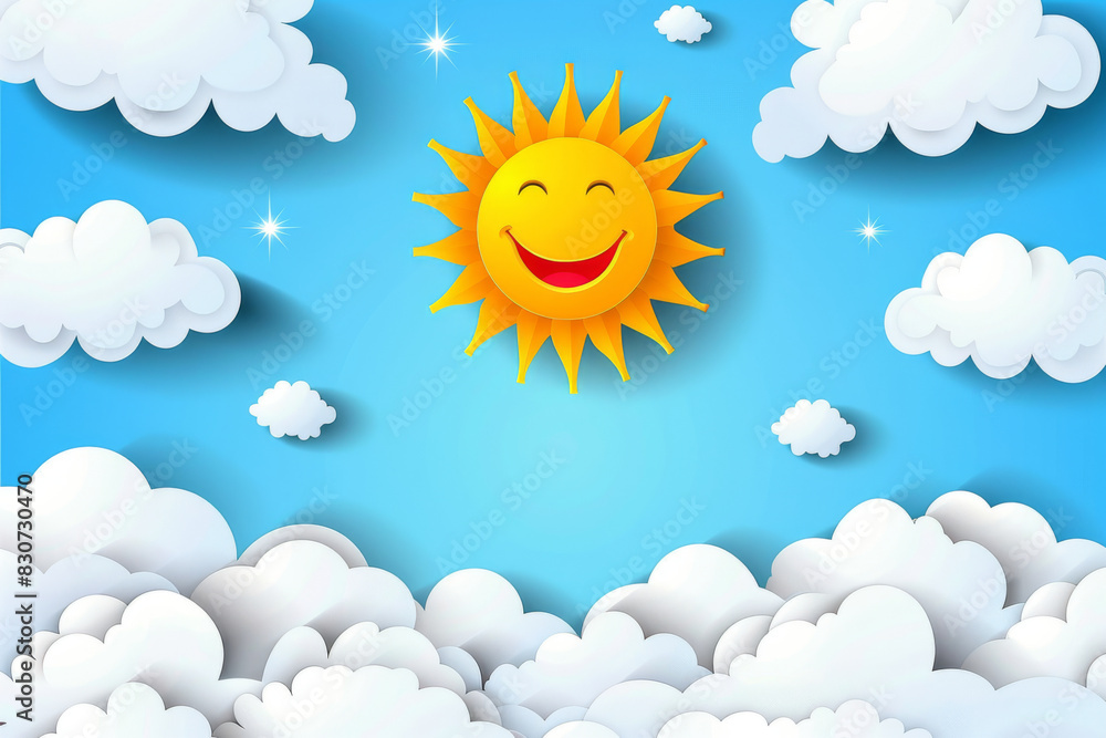 Happy Smiling Sun and Fluffy White Clouds in Blue Sky Happy Smiling Sun and Fluffy White Clouds in Blue Sky