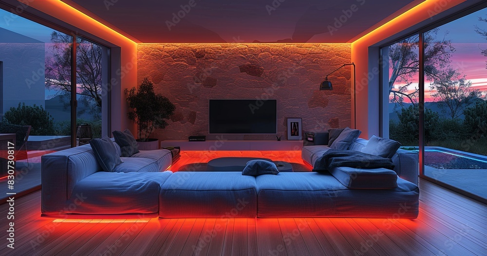 he kitchen is illuminated by RGB light strips installed on the roof, cool white light,