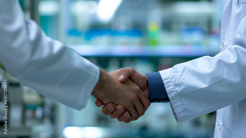 Two scientists shake hands in a laboratory setting, signifying collaboration and success Two scientists shake hands in a laboratory setting, signifying collaboration and success