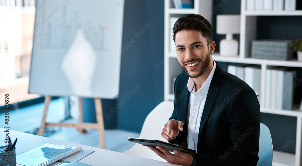 Tablet, smile and portrait of business in office for erp statistics, chart and research online data analysis. Digital technology, face and happy financial consultant planning project in Saudi Arabia Tablet, smile and portrait of business in office for erp statistics, chart and research online data analysis. Digital technology, face and happy financial consultant planning project in Saudi Arabia