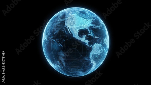 A futuristic wireframe of earth, viewed from space. All that can be made out on the globe is blue seas and clouds