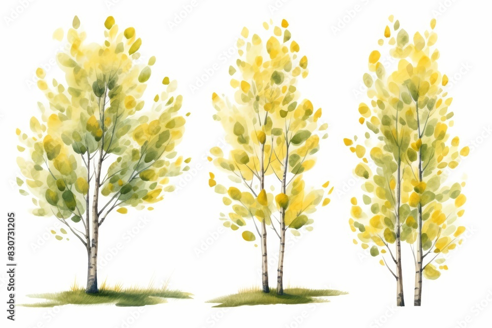 Naklejka premium Set of water color of an aspen tree, with quaking leaves, in a sunlit meadow, Clipart isolated on white