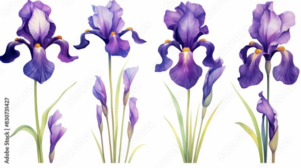 Set of water color of an iris, with vibrant purple petals, standing tall in a moonlit garden, Clipart isolated on white Set of water color of an iris, with vibrant purple petals, standing tall in a moonlit garden, Clipart isolated on white