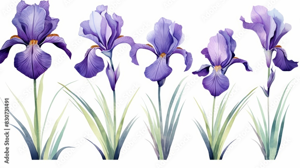 Set of water color of an iris, with vibrant purple petals, standing tall in a moonlit garden, Clipart isolated on white Set of water color of an iris, with vibrant purple petals, standing tall in a moonlit garden, Clipart isolated on white