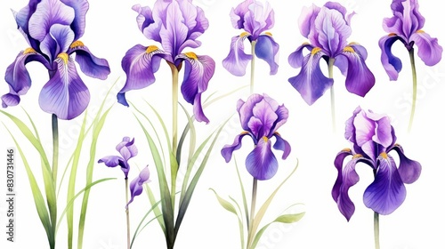 Set of water color of an iris, with vibrant purple petals, standing tall in a moonlit garden, Clipart isolated on white