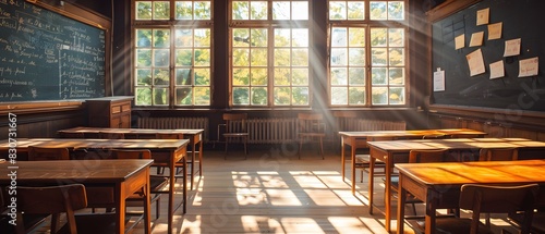 A vintage classroom filled with wooden desks and a chalkboard, sunlight streaming through large windows