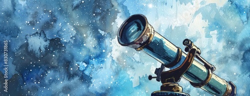 Explore the wonders of the cosmos with this beautiful watercolor telescope. Perfect for stargazing, this telescope will allow you to see the stars and planets in a whole new way. photo