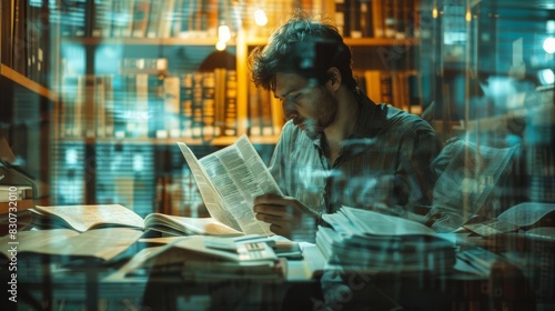 A bookkeeper reviewing financial ledgers, close up, meticulous recordkeeping theme, realistic, double exposure, office desk backdrop