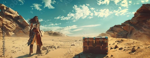 A female pirate standing in the middle of a desert. She is looking at a chest full of treasure. The sky is blue and there are clouds in the distance. photo