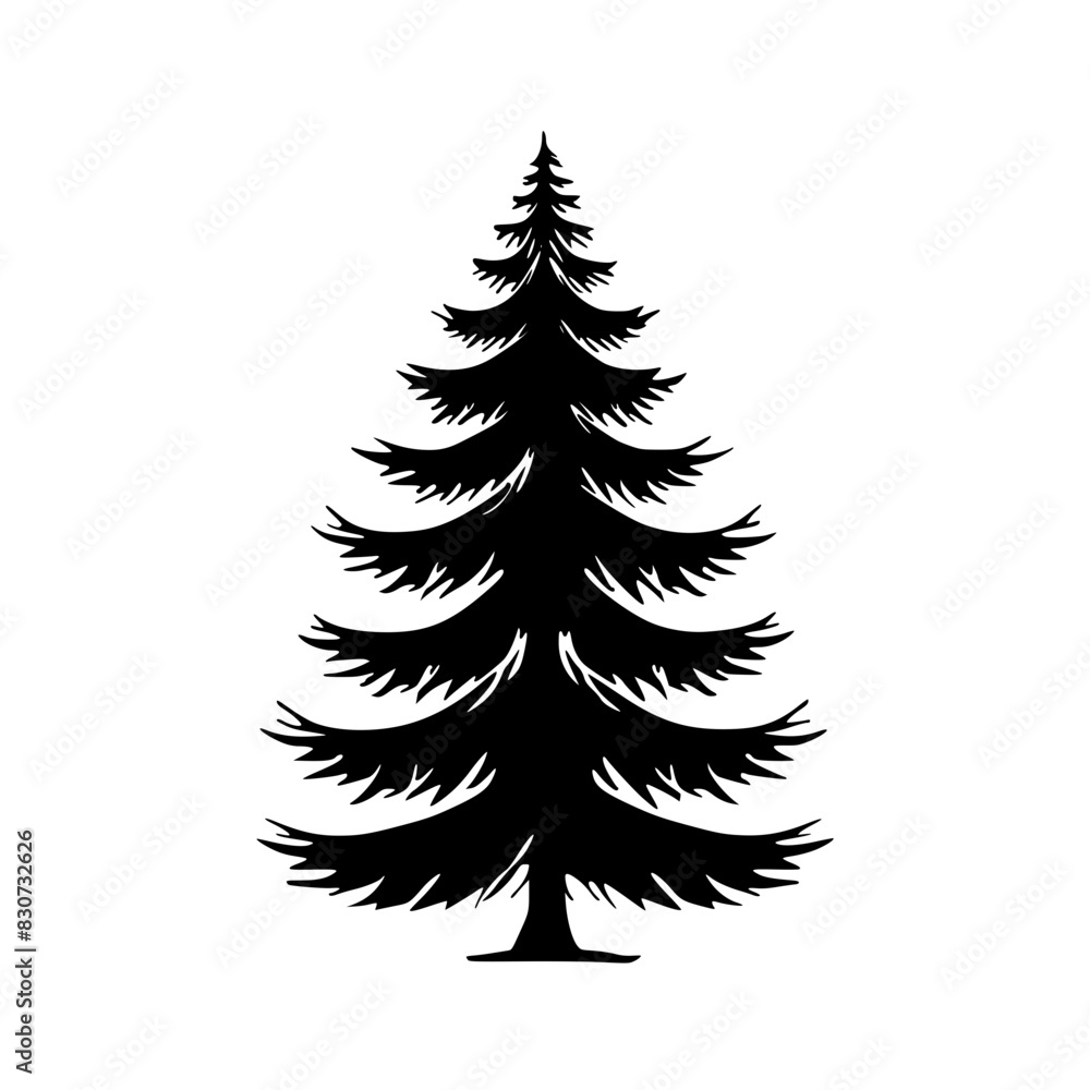 Obraz premium Silhouette of Pine Tree, Black and white silhouette of a pine tree with layered branches, showcasing its symmetrical and elegant shape.