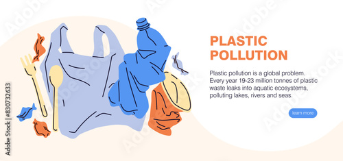 Plastic waste, garbage, web-site banner. Website, online page design with trash packages, disposable wrapping. Eco template, internet webpage with crumpled recyclable rubbish. Flat vector illustration