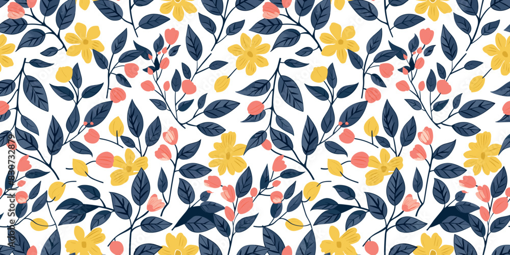 Cute pink, yellow and navy blue floral pattern with leaves on a white background, seamless pattern design used for textile fabric printing, wallpaper murals or flat surface. spring, summer dress print Cute pink, yellow and navy blue floral pattern with leaves on a white background, seamless pattern design used for textile fabric printing, wallpaper murals or flat surface. spring, summer dress print