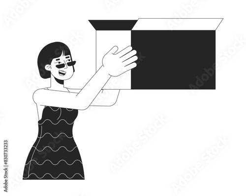 Asian woman rising box black and white 2D line cartoon character. Japanese lady belongings in container isolated vector outline person. Stuff sorting monochromatic flat spot illustration