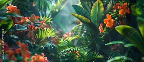 Tropical paradise with lush greenery and vibrant flowers photo