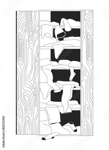 Wardrobe full of messy clothes black and white 2D line cartoon object. Garment falling out of closet isolated vector outline item. Excess clothing keeping monochromatic flat spot illustration