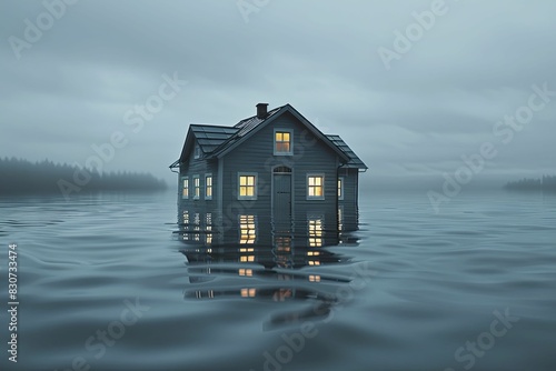 Drowning real estate market, Homes submerged, literal and financial floods clash, simple design.