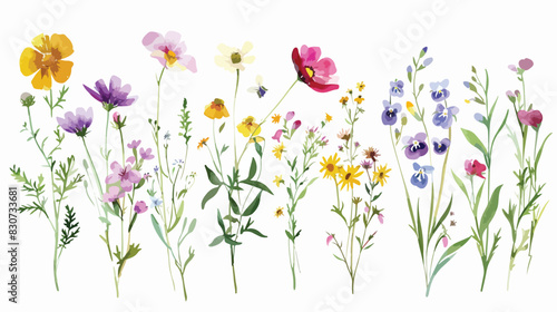 Wildflowers and leaves watercolor floral clipart. Bou