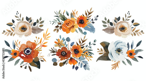 Wildflowers and leaves watercolor floral clipart. Bou