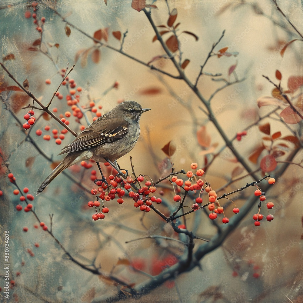 A Songbird Amidst Winter's Berries