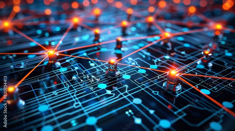 Network nodes connecting on a digital circuit board with glowing connections representing advanced technology and communication. Generative Ai Network nodes connecting on a digital circuit board with glowing connections representing advanced technology and communication. Generative Ai