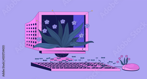 Old computer with growing plants lofi wallpaper. Vintage electronic device 2D cartoon flat illustration. Retro pc station and fresh flora chill vector art, lo fi aesthetic colorful background