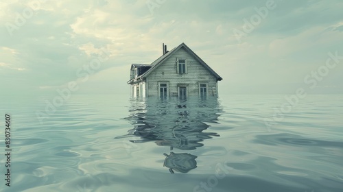 House floating and sinking in water, with a minimal style and clean background, highlighting vulnerability and showcasing the instability of the housing market. photo