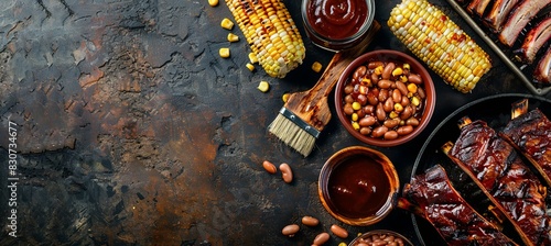 American BBQ: A top-down view of a background with American BBQ food featuring raw meats (steaks, ribs), BBQ sauce, corn on the cob, baked beans, coleslaw, and a grill brush. photo