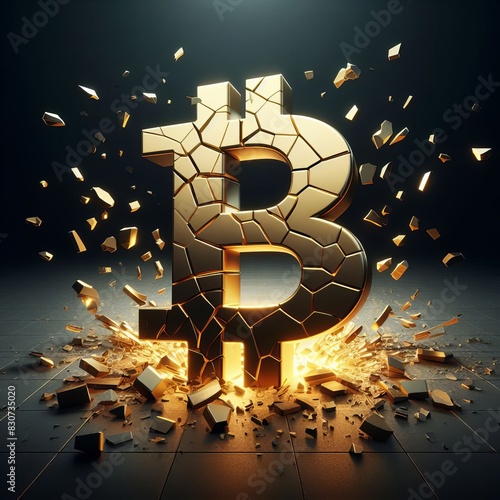 A striking image of a Bitcoin symbol shattering into glowing fragments, representing volatility and disruption in cryptocurrency.. AI Generation