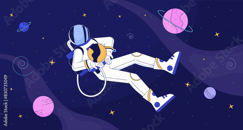 Astronaut in outer space lofi wallpaper. Explorer in protective suit among celestial bodies 2D cartoon flat illustration. Cosmos depth discovering chill vector art, lo fi aesthetic colorful background
