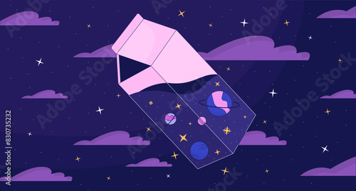 Cosmic milk in night sky lofi wallpaper. Transparent pack with planets and stars 2D cartoon flat illustration. Dream about space exploration chill vector art, lo fi aesthetic colorful background