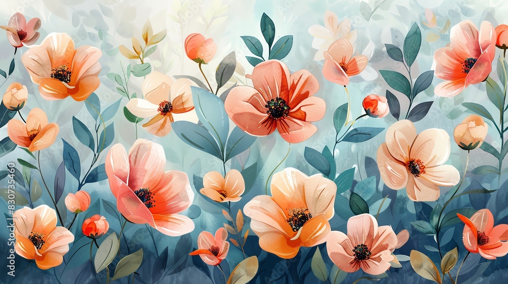 Abstract floral background with pastel pink flowers and green leaves. Abstract floral background with pastel pink flowers and green leaves.