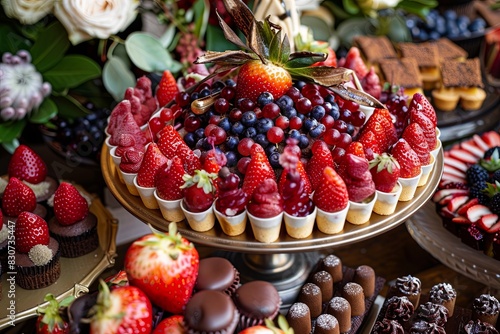 Artful Dessert Grazing Table: A picturesque grazing table adorned with an array of delectable desserts such as mini tarts, cookies, fruit skewers,
