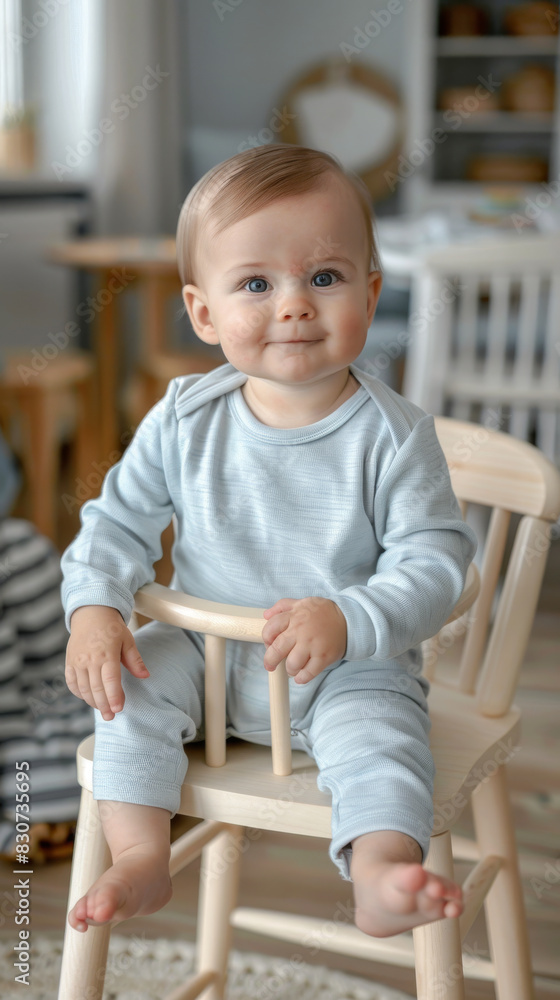Adorable Smiling Baby Boy Sitting in Wooden High Chair at Home Adorable Smiling Baby Boy Sitting in Wooden High Chair at Home