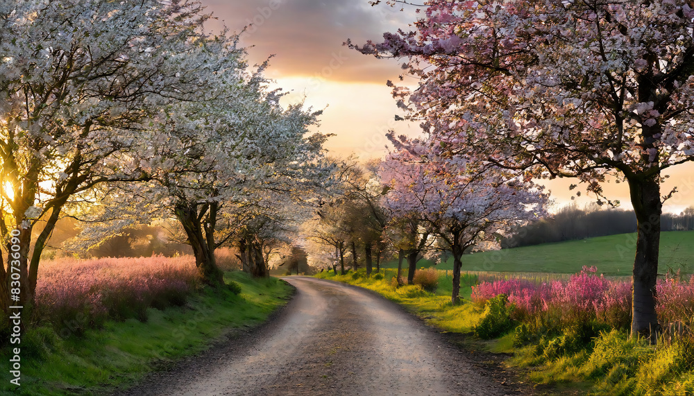 Landscape of dirt road with cherry blossom trees against the sky in spring at sunset Landscape of dirt road with cherry blossom trees against the sky in spring at sunset