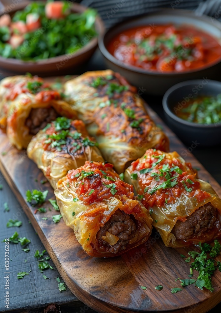 Kohlrouladen - Cabbage rolls stuffed with ground meat and rice, served with tomato sauce. Kohlrouladen - Cabbage rolls stuffed with ground meat and rice, served with tomato sauce.