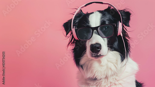 Border collie dog wearing sunglasses and headphone on pastel background. creative concept © Theeramisu