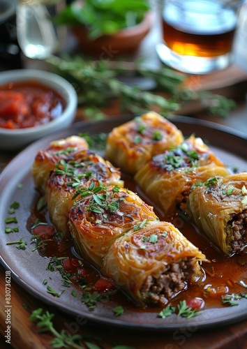 Kohlrouladen - Cabbage rolls stuffed with ground meat and rice, served with tomato sauce.